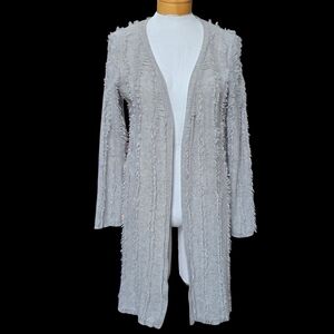 Neiman Marcus Women Cashmere L Cardigan Sweater Gray Fringe Luxury Cozy Office